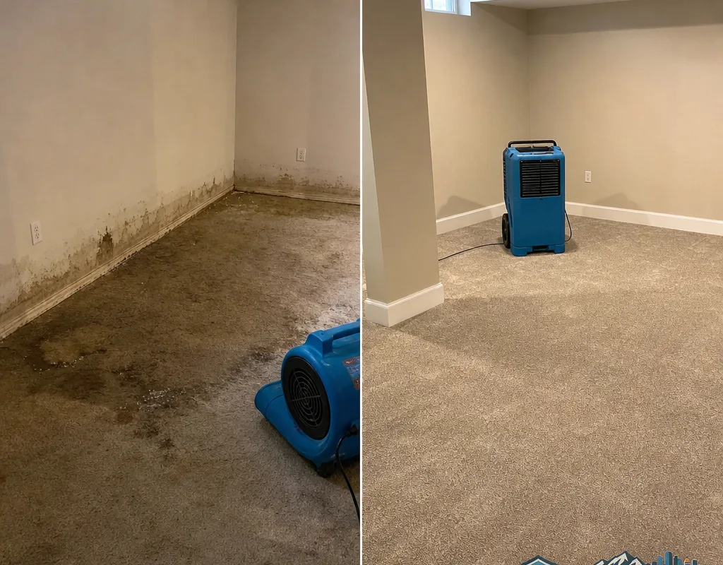 Before and after views of a finished basement with wet carpet followed by completed drying and repairs