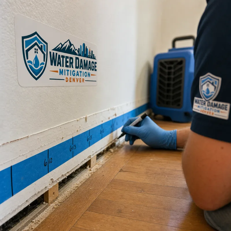 Removed baseboard section with moisture-map markings used to track drying along a wall
