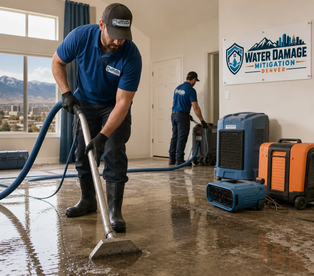Technicians extracting standing water from a Denver home with professional restoration equipment nearby