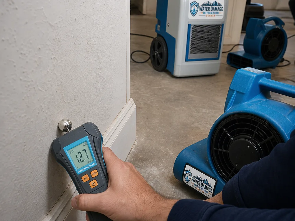 Moisture meter checking drywall and baseboard while air movers and a dehumidifier operate nearby