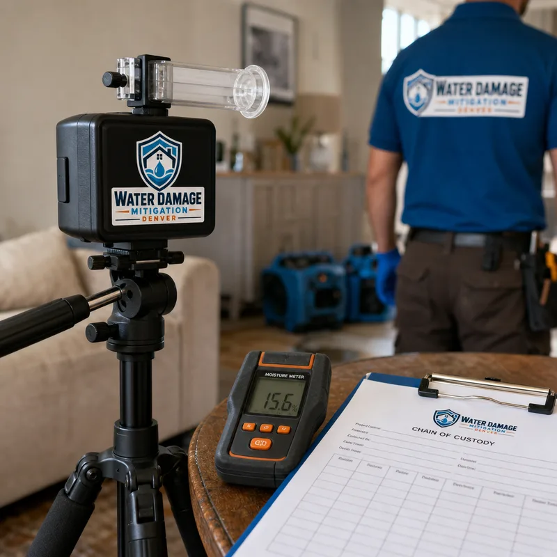 Calibrated mold air-sampling pump, moisture meter, and chain-of-custody paperwork in a living room