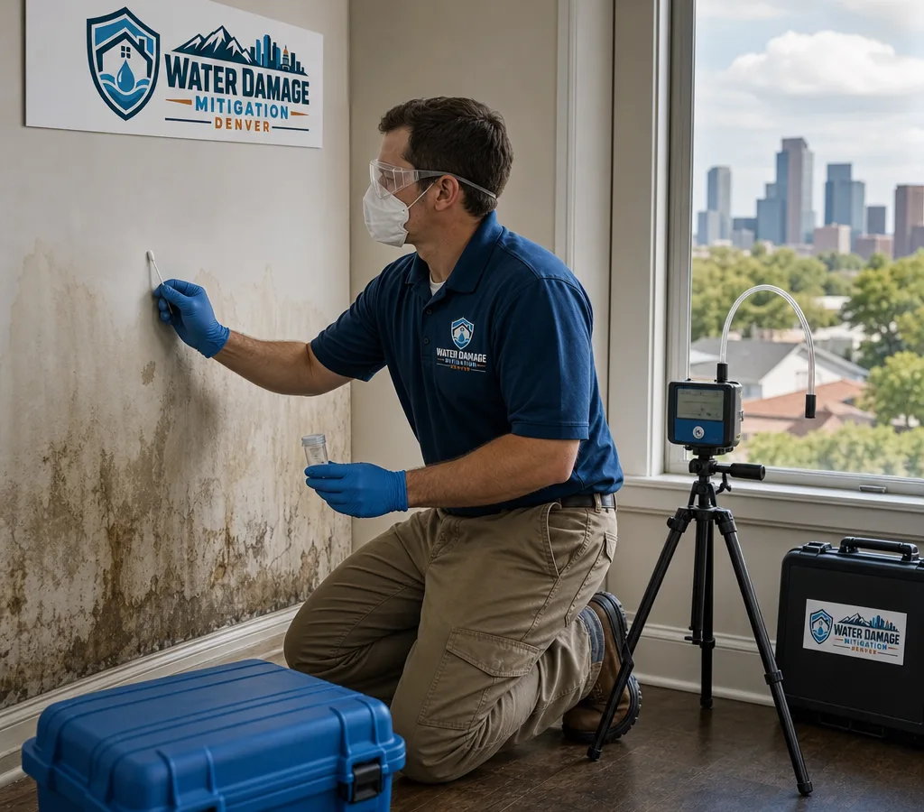 Certified inspector collecting mold samples in a Denver home with water-stained drywall
