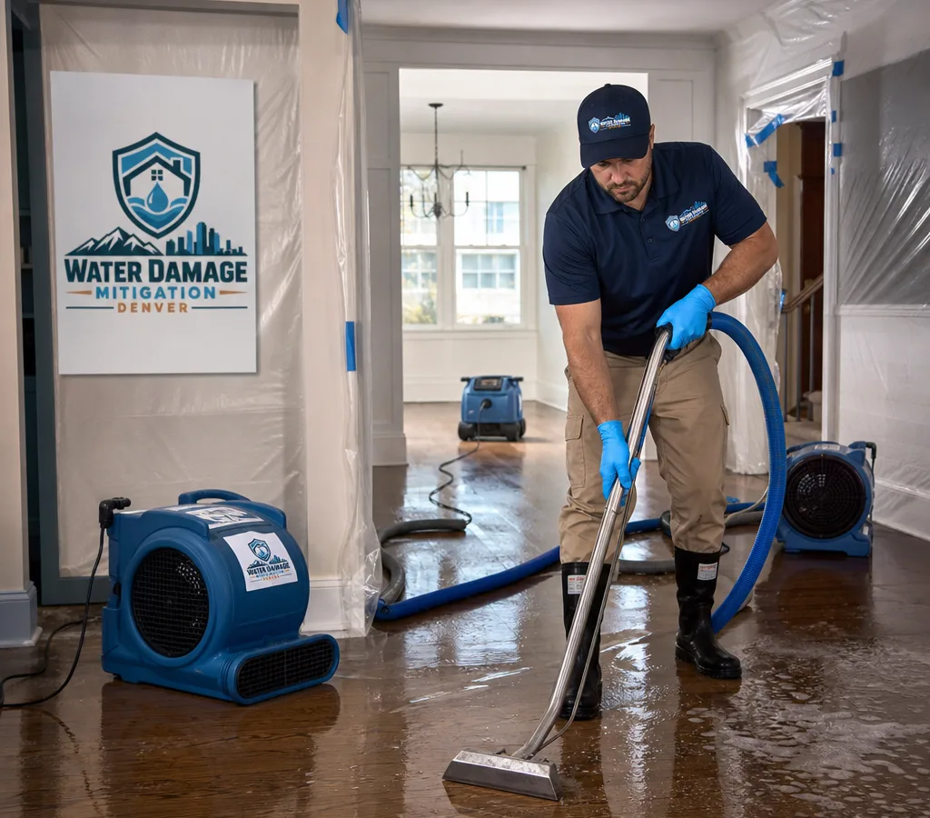 Technician in protective gear extracting water from a wet Denver home floor with air movers and containment nearby