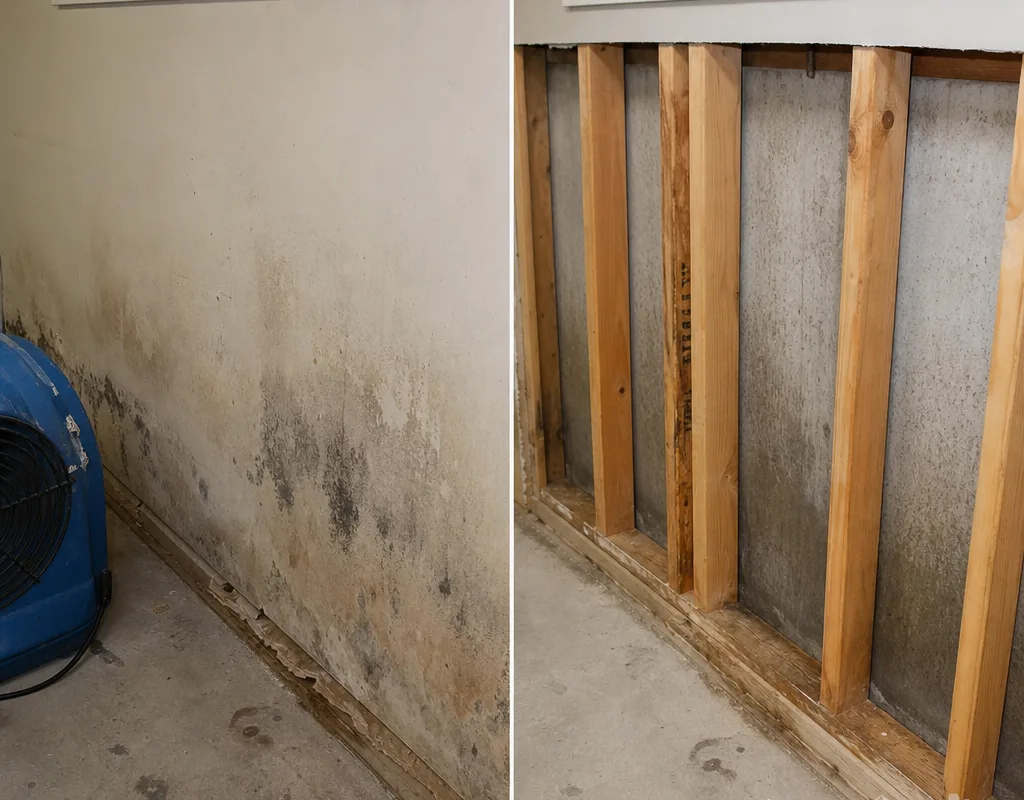 Before-and-after basement wall showing staining and removed baseboard followed by a cleaned, dried stud bay ready for repair