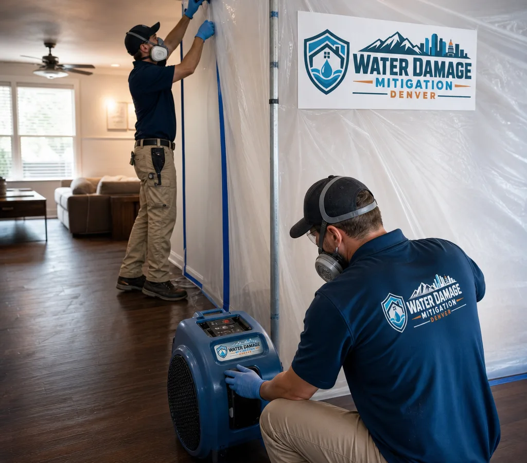 Technicians in PPE setting up containment and negative-air equipment in a Denver home during mold remediation