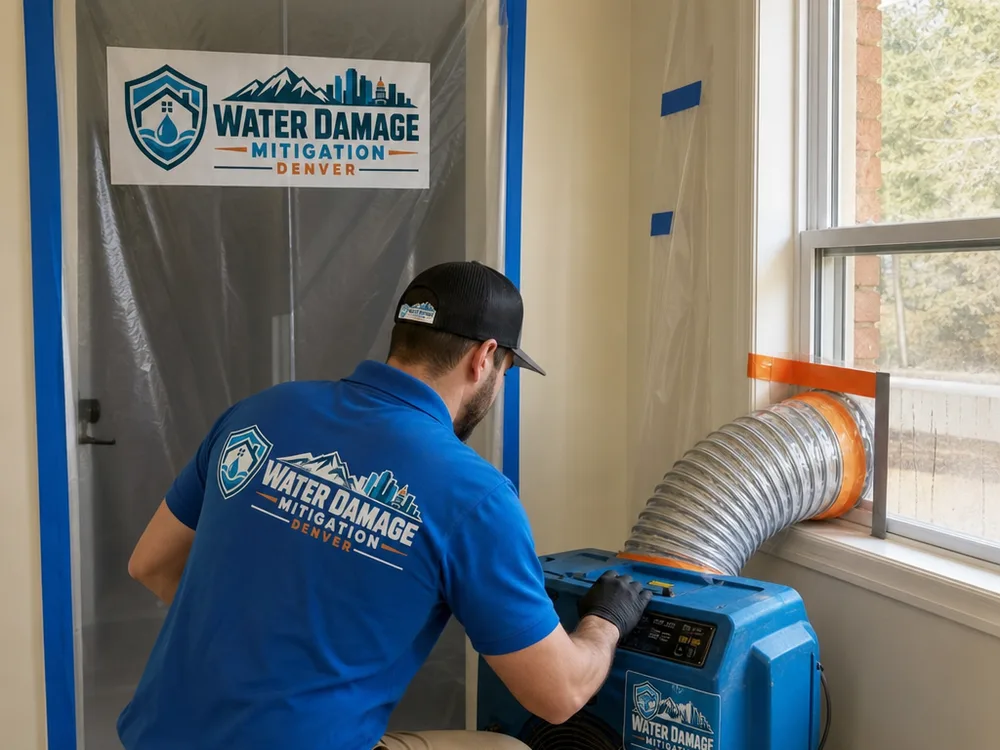 Negative-air ducting vented through a window with containment plastic sealed around a doorway during mold remediation