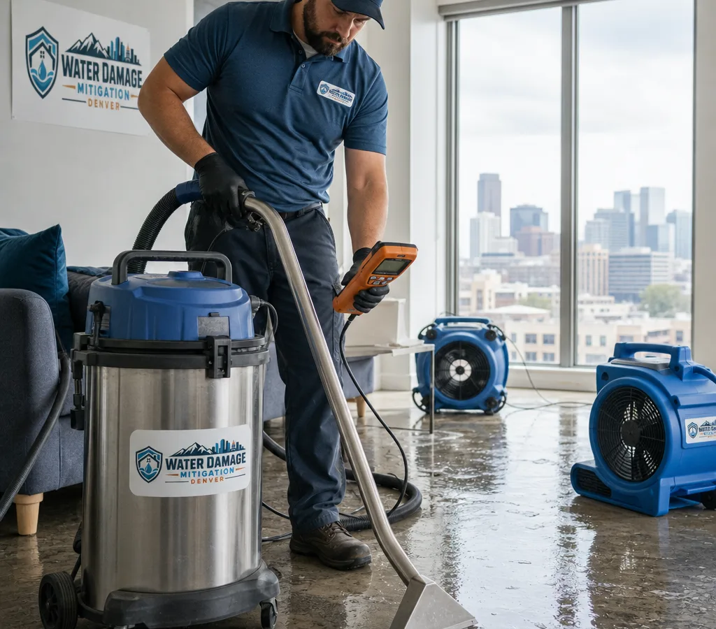 Technician using commercial water extraction and drying equipment in a Denver home
