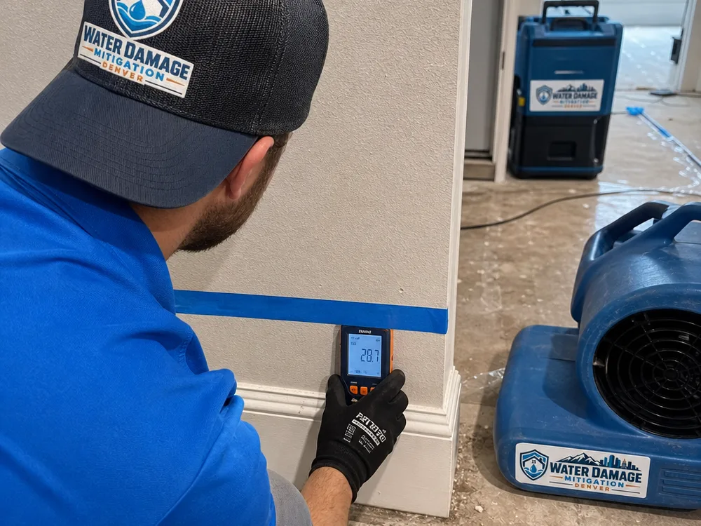 Moisture meter checking drywall beside staged dehumidifiers