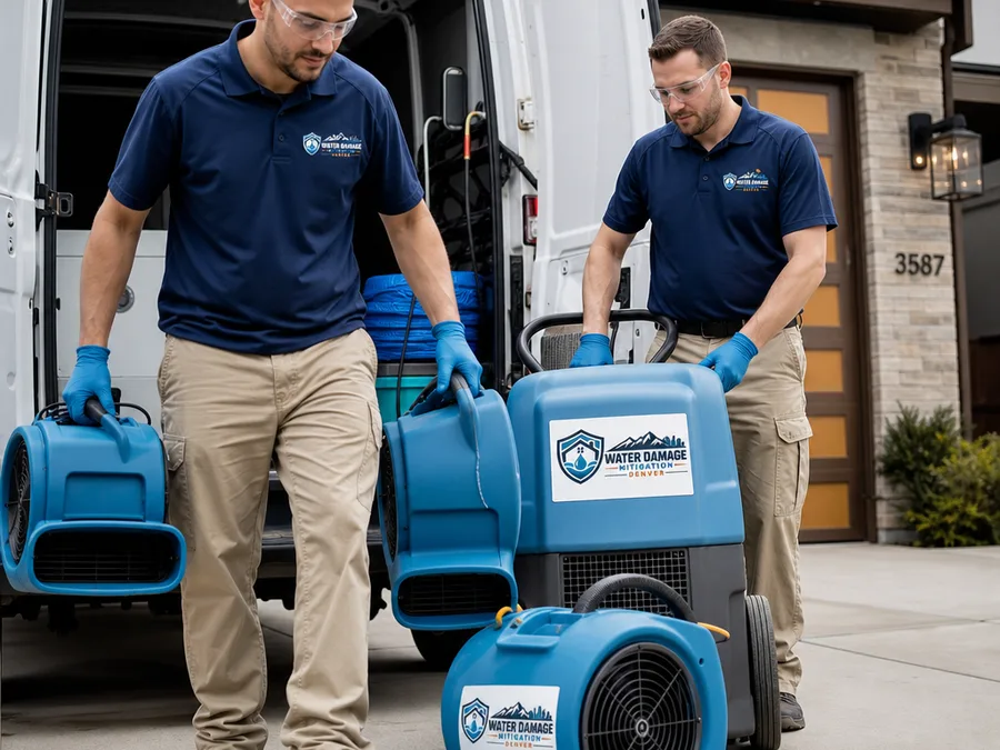 Restoration technicians unloading drying equipment at a Denver residence